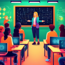 Create an image of a friendly and approachable classroom setting, where diverse group of students are attentively learning about blockchain technology. The classroom has a large chalkboard with simple illustrations of blockchain concepts like a chain, blocks, and a network. The atmosphere is fun and educational, with warm light and a teacher explaining with a smile.