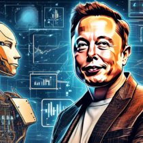 Create a detailed digital illustration of Elon Musk, portrayed in a futuristic setting. One side of the image should emphasize his impact on cryptocurrency, showing symbols like Bitcoin and Dogecoin, along with digital financial charts and blockchain elements. The other side should showcase his contributions to AI, featuring advanced robots, neural networks, and a backdrop of scientific innovation. The overall atmosphere should blend elements of a bustling financial hub with a high-tech research lab, highlighting Musk's dual influence on both industries.