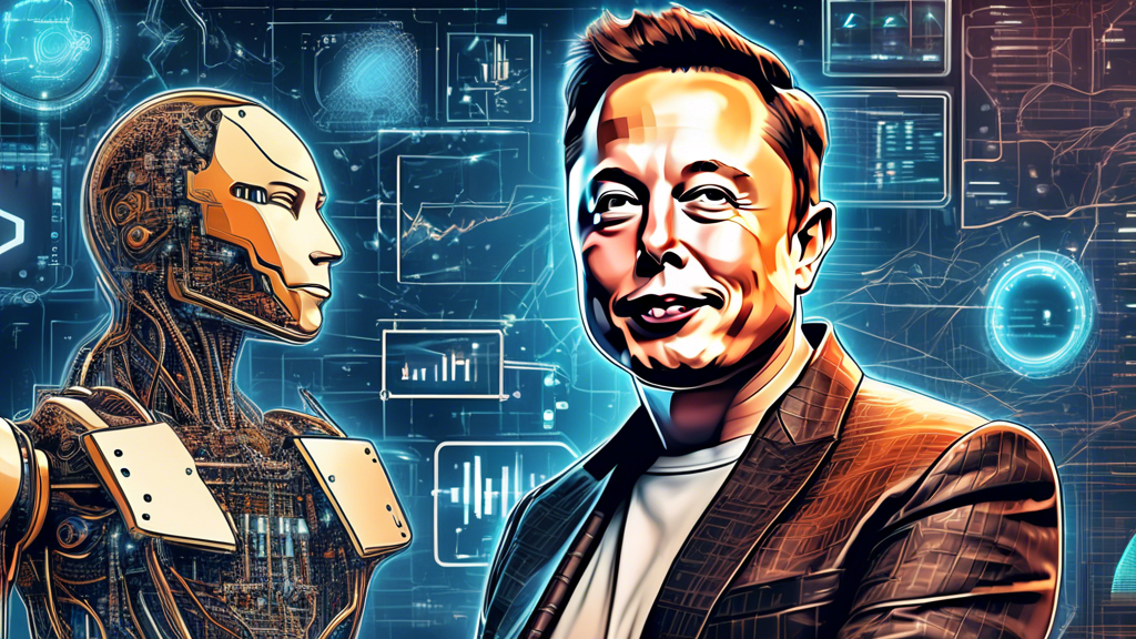 Create a detailed digital illustration of Elon Musk, portrayed in a futuristic setting. One side of the image should emphasize his impact on cryptocurrency, showing symbols like Bitcoin and Dogecoin, along with digital financial charts and blockchain elements. The other side should showcase his contributions to AI, featuring advanced robots, neural networks, and a backdrop of scientific innovation. The overall atmosphere should blend elements of a bustling financial hub with a high-tech research lab, highlighting Musk's dual influence on both industries.