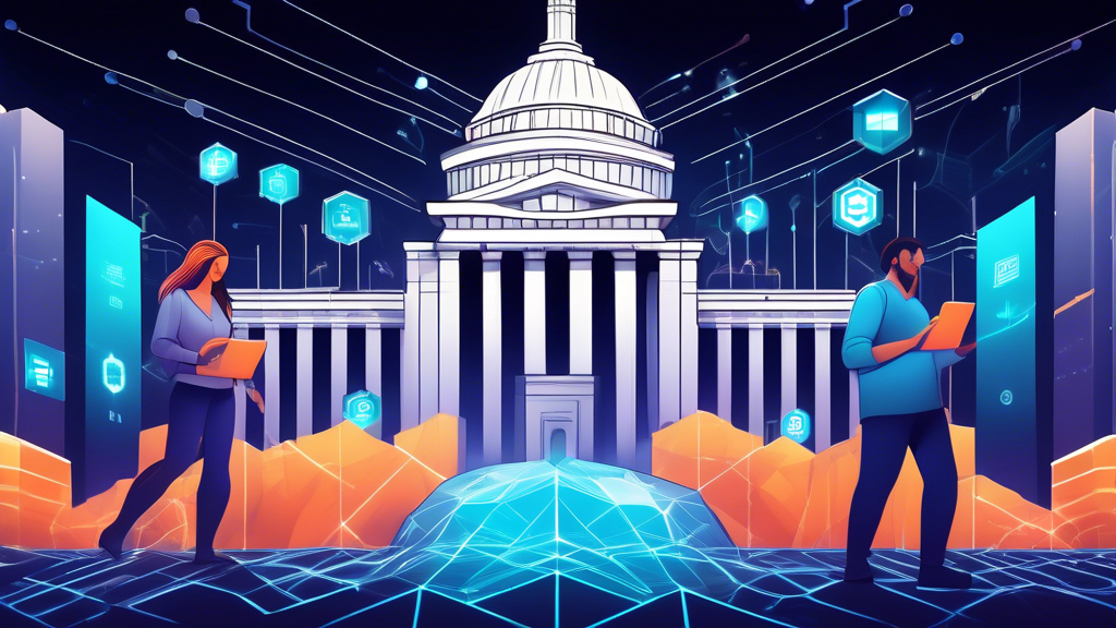 Create an image depicting the integration of FedNow and blockchain technology. The scene should feature a futuristic financial landscape where digital assets are transferred seamlessly. Include elements such as a Federal Reserve building with digital connections symbolizing FedNow and blockchain nodes interlinked, glowing with vibrant lines of data transfer. People using digital devices to make instant transactions should also be present, alongside a backdrop merging traditional finance architecture with modern digital elements.