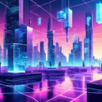 Create an image depicting a futuristic cityscape where blockchain structures are seamlessly integrated into web development. Show developers working with holographic screens, coding with colorful blockchain streams connecting various websites and applications. Incorporate elements like digital locks, chains, and interconnected nodes to represent blockchain technology. The overall aesthetic should be modern and technological, with a hint of digital utopia.