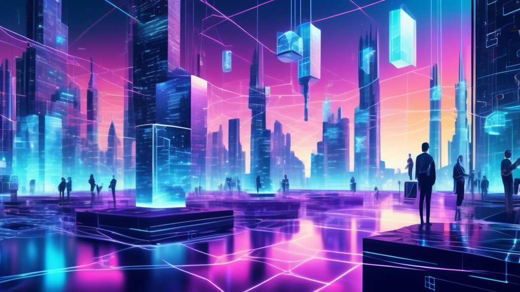 Create an image depicting a futuristic cityscape where blockchain structures are seamlessly integrated into web development. Show developers working with holographic screens, coding with colorful blockchain streams connecting various websites and applications. Incorporate elements like digital locks, chains, and interconnected nodes to represent blockchain technology. The overall aesthetic should be modern and technological, with a hint of digital utopia.