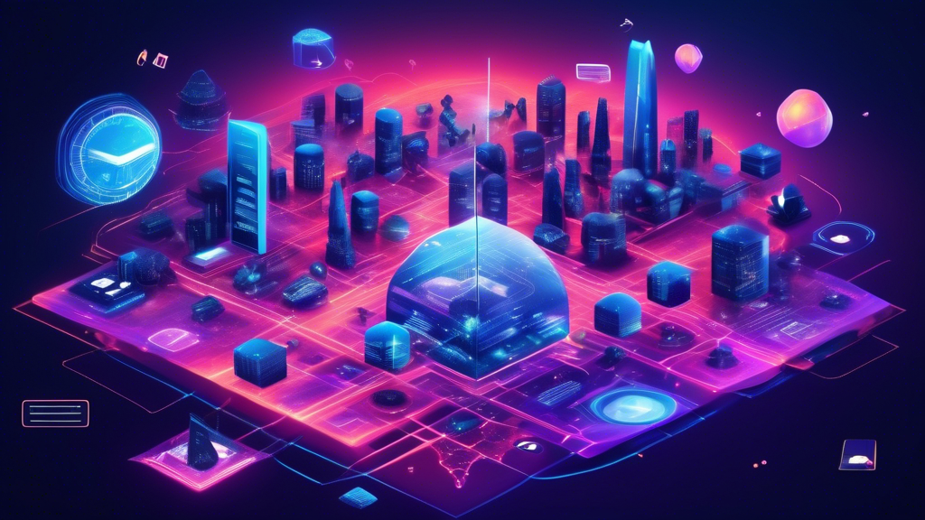 Create a futuristic digital landscape that illustrates the intersection of the Metaverse and Blockchain technology. Show a vibrant virtual world blending seamlessly with elements such as blockchain nodes, decentralized ledgers, and cryptographic symbols. Include avatars interacting within this space, engaging in activities like trading digital assets and accessing decentralized applications. The overall atmosphere should be innovative, interconnected, and technologically advanced.