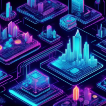 Create a futuristic illustration depicting the technology behind cryptocurrency: a sleek digital cityscape with towering cryptocurrency symbols like Bitcoin, Ethereum, and others interwoven with intricate blockchain patterns, glowing computer circuits, and data streams. Include tech-savvy people interacting with holographic financial charts and digital wallets, emphasizing the convergence of finance and technology.