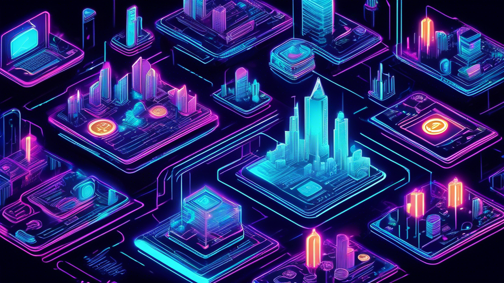 Create a futuristic illustration depicting the technology behind cryptocurrency: a sleek digital cityscape with towering cryptocurrency symbols like Bitcoin, Ethereum, and others interwoven with intricate blockchain patterns, glowing computer circuits, and data streams. Include tech-savvy people interacting with holographic financial charts and digital wallets, emphasizing the convergence of finance and technology.