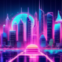 Create an image depicting a futuristic financial landscape where blockchain technology and cryptocurrency are revolutionizing the industry. Show a modern city skyline with iconic buildings, infused with holographic financial charts, digital currencies symbols like Bitcoin and Ethereum, and interconnected blockchain networks glowing in neon lights. Include elements showcasing secure digital transactions, like virtual padlocks and secure vaults, symbolizing the safety and transparency that blockchain brings to the financial world. Make the atmosphere dynamic and progressive, portraying how this technology is transforming the finance sector.