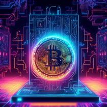 Create an image showcasing the synergy between quantum computing and cryptocurrency. Feature a sleek, futuristic quantum computer emitting glowing, intricate patterns of light. In the background, integrate elements like cryptocurrency symbols (e.g., Bitcoin, Ethereum) and digital blockchain grids. The scene should exude a sense of innovation and transformation in the financial sector.