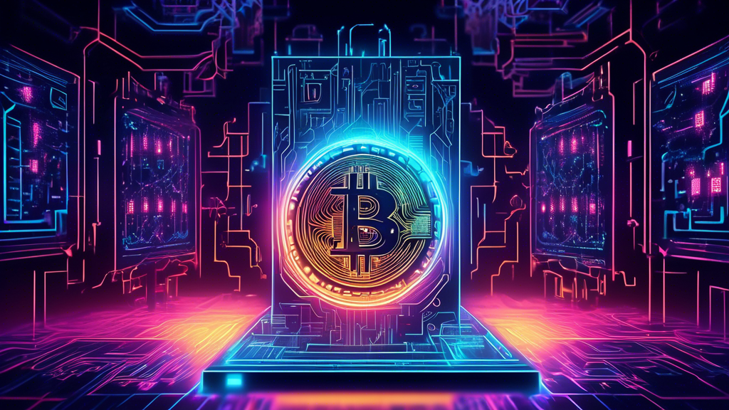 Create an image showcasing the synergy between quantum computing and cryptocurrency. Feature a sleek, futuristic quantum computer emitting glowing, intricate patterns of light. In the background, integrate elements like cryptocurrency symbols (e.g., Bitcoin, Ethereum) and digital blockchain grids. The scene should exude a sense of innovation and transformation in the financial sector.