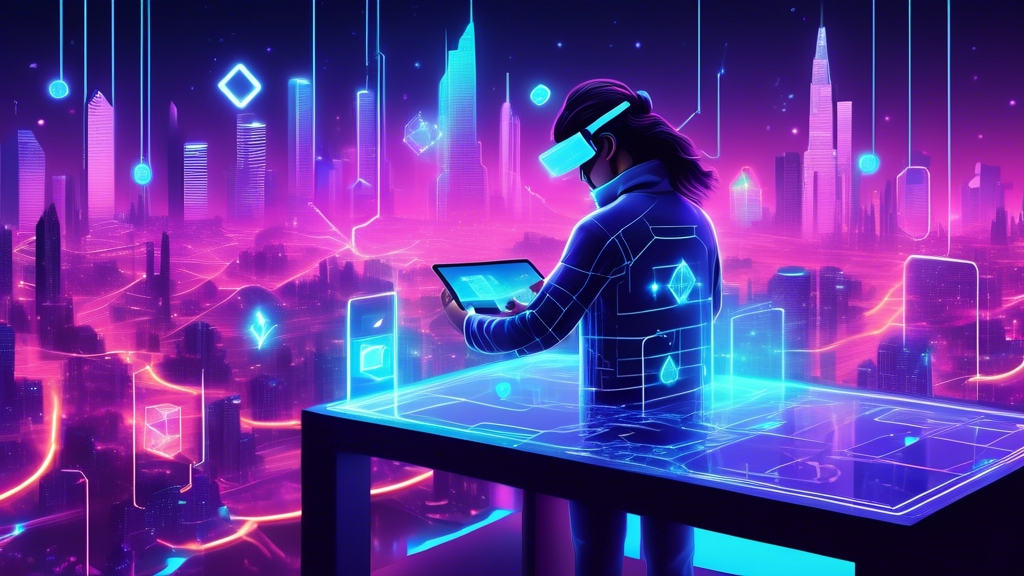 Create an image depicting a futuristic digital landscape where a person is downloading blockchain software onto a holographic tablet. Highlight the technological elements with glowing symbols representing blockchain, a secure connection, and step-by-step guides visually floating around. Incorporate a seamless blend of modern cityscape and virtual reality elements in the background.