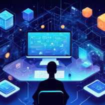 Create an image of a person seated at a computer, surrounded by digital elements and icons representing Blockchain technology, like chains, blocks, and cryptocurrency symbols. The screen displays an online course platform with categories like Blockchain Fundamentals, Smart Contracts, and Cryptography. The background showcases a futuristic, tech-savvy environment with holographic charts and data streams, emphasizing the advanced nature of Blockchain learning.