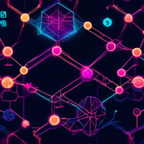 Generate a futuristic, digital artwork showcasing interconnected nodes and chains representing decentralized networks. Highlight Polkadot's multichain technology with vibrant colors and dynamic linkages. Include subtle elements of blockchain architecture and symbols of interoperability and innovation.