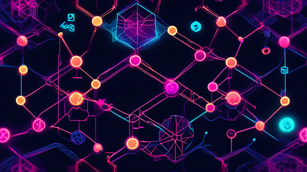 Generate a futuristic, digital artwork showcasing interconnected nodes and chains representing decentralized networks. Highlight Polkadot's multichain technology with vibrant colors and dynamic linkages. Include subtle elements of blockchain architecture and symbols of interoperability and innovation.