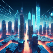 Create an image of a futuristic financial district with towering skyscrapers made of digital blocks, representing blockchain technology. Among these buildings, streams of digital currency and data flow seamlessly, connecting them. Technological holograms showcasing graphs, charts, and blockchain nodes float in the air, highlighting the integration of blockchain in financial technology. The image should convey innovation, security, and interconnectedness within the realm of FinTech.