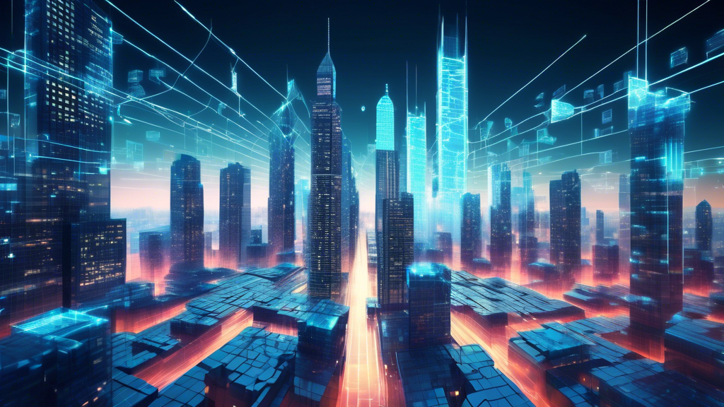 Create an image of a futuristic financial district with towering skyscrapers made of digital blocks, representing blockchain technology. Among these buildings, streams of digital currency and data flow seamlessly, connecting them. Technological holograms showcasing graphs, charts, and blockchain nodes float in the air, highlighting the integration of blockchain in financial technology. The image should convey innovation, security, and interconnectedness within the realm of FinTech.