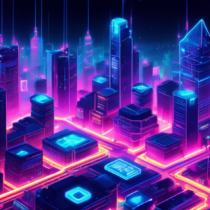 A futuristic cityscape with digital blockchain chains interwoven between financial buildings, showcasing various payment processing companies with their logos illuminated in neon lights. The scene should have a high-tech, cyberpunk aesthetic, with digital currencies and blockchain symbols floating in the air.