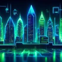 Create a high-tech futuristic city skyline featuring the logos of top companies using blockchain technology in 2023. Incorporate elements of digital ledgers and interconnected networks glowing in neon blue and green, with skyscrapers and digital blockchains interwoven in the background.