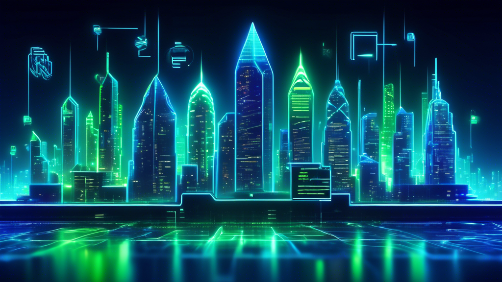 Create a high-tech futuristic city skyline featuring the logos of top companies using blockchain technology in 2023. Incorporate elements of digital ledgers and interconnected networks glowing in neon blue and green, with skyscrapers and digital blockchains interwoven in the background.