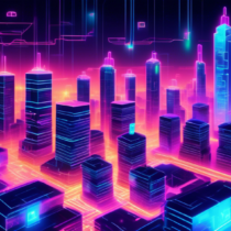 Create a futuristic cityscape where blockchain technology is visibly integrated into real estate transactions. Show transparent, glowing buildings symbolizing security and transparency, and incorporate holographic screens displaying blockchain codes and smart contracts. Highlight diverse people using digital devices to buy, sell, and manage properties effortlessly.