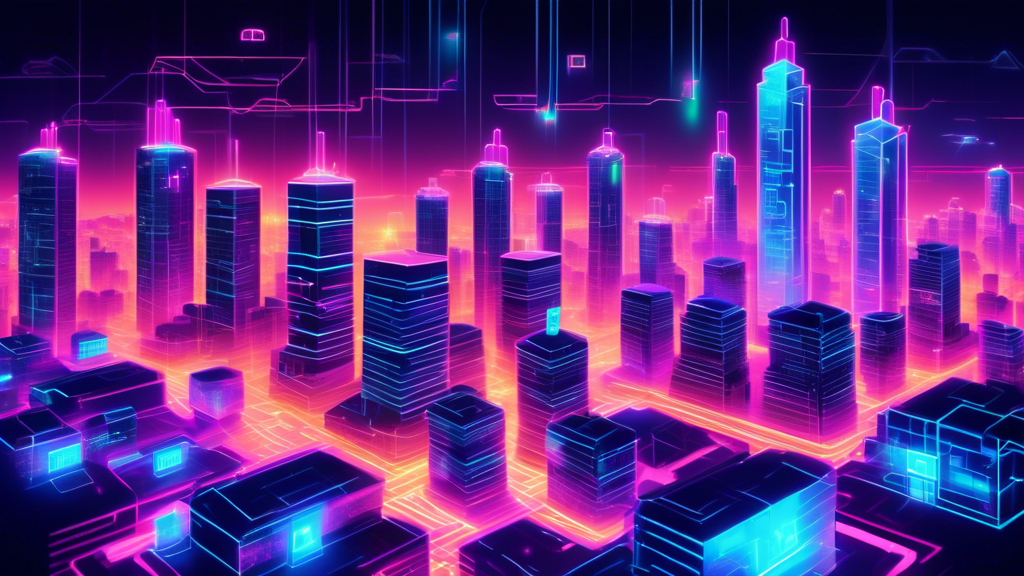 Create a futuristic cityscape where blockchain technology is visibly integrated into real estate transactions. Show transparent, glowing buildings symbolizing security and transparency, and incorporate holographic screens displaying blockchain codes and smart contracts. Highlight diverse people using digital devices to buy, sell, and manage properties effortlessly.