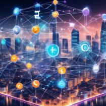 A highly detailed and futuristic illustration showing a digital network of blockchain technology with interconnected nodes and data streams. The foreground features various types of cryptocurrency coins like Bitcoin, Ethereum, and others, symbolizing digital transactions. The background includes a modern cityscape with holographic financial graphs and a secure vault representing the safety and stability of blockchain technology. The theme should embody the innovation and potential of cryptocurrency and blockchain as the future of digital transactions.