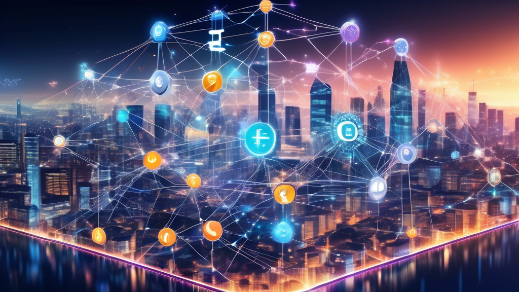 A highly detailed and futuristic illustration showing a digital network of blockchain technology with interconnected nodes and data streams. The foreground features various types of cryptocurrency coins like Bitcoin, Ethereum, and others, symbolizing digital transactions. The background includes a modern cityscape with holographic financial graphs and a secure vault representing the safety and stability of blockchain technology. The theme should embody the innovation and potential of cryptocurrency and blockchain as the future of digital transactions.