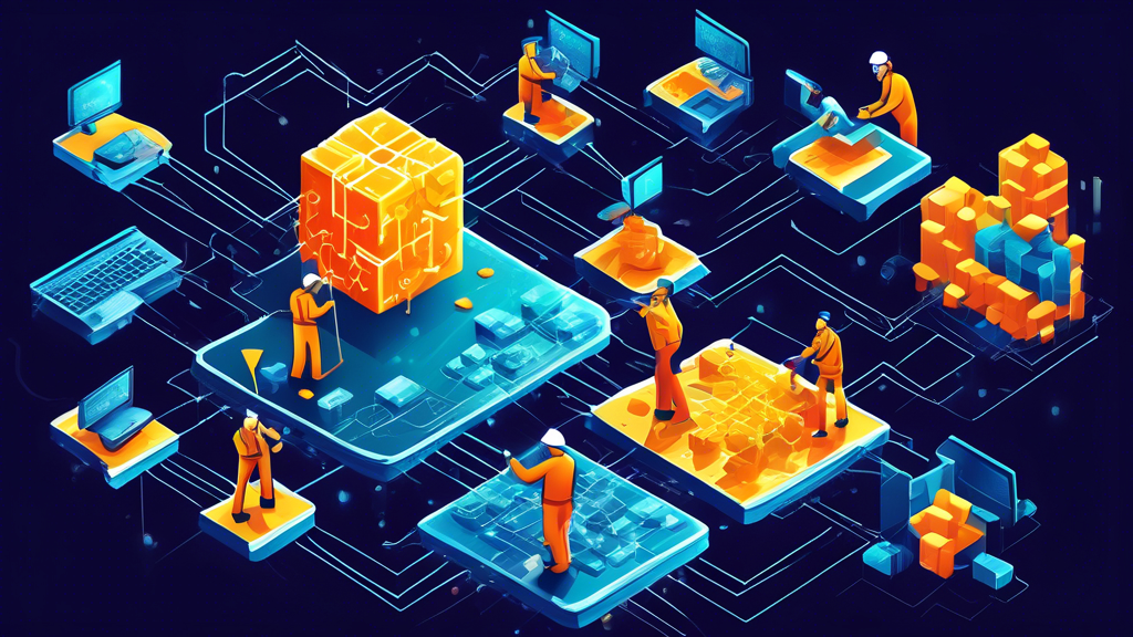 Create a detailed digital illustration that explains the blockchain mining process. The image should depict a network of interconnected blocks, each containing various transactions. Include miners working on computer systems solving complex mathematical problems, with graphical representations of hash functions and cryptographic puzzles. Utilize vibrant colors to highlight the flow of information and rewards in the form of cryptocurrency tokens.