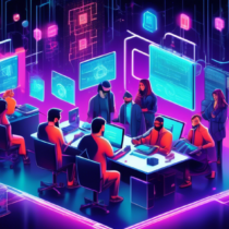 Create an image showcasing a diverse group of blockchain developers collaborating at a high-tech workspace, surrounded by digital schematics, blockchain nodes, and futuristic holograms. Highlight the sense of innovation, teamwork, and expanding opportunities in the blockchain technology sector.