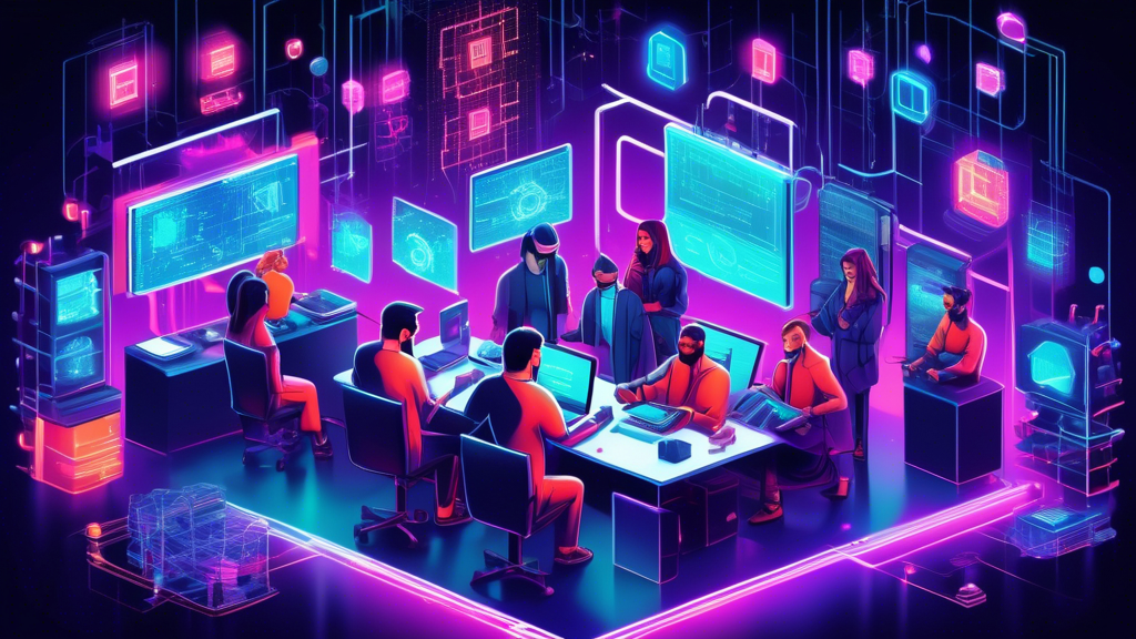 Create an image showcasing a diverse group of blockchain developers collaborating at a high-tech workspace, surrounded by digital schematics, blockchain nodes, and futuristic holograms. Highlight the sense of innovation, teamwork, and expanding opportunities in the blockchain technology sector.