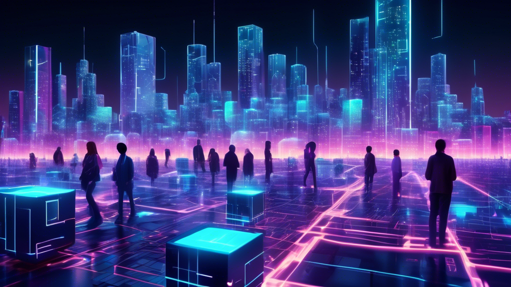 Create an image depicting a futuristic, high-tech city where digital blocks are interconnected by glowing chains. Each block contains symbols representing data and transactions, with people interacting seamlessly with holographic interfaces. The city's skyline is illuminated by neon lights, symbolizing the secure and transparent nature of blockchain technology. The overall scene should exude a sense of innovation and technological advancement.