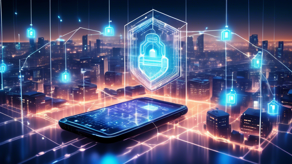 Create an image depicting a futuristic scene where a glowing, transparent smartphone displays intricate blockchain networks. In the background, digital security elements like shield icons and locked padlocks float in a cybernetic cityscape, symbolizing advanced technology integration and enhanced security. The scene should convey a sense of innovation and the marriage of blockchain technology with Samsung's mobile devices.