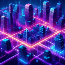 Create an image that visually represents the concept of blockchain Polygon technology and its benefits. The scene should depict a futuristic cityscape with interconnected geometric shapes and pathways symbolizing the network of Polygon. Incorporate elements like digital nodes, chains, and glowing polygons that illustrate efficiency, scalability, and security. Highlight vibrant colors such as blues, purples, and neon accents to convey a sense of innovation and technology advancement.