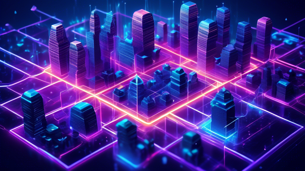 Create an image that visually represents the concept of blockchain Polygon technology and its benefits. The scene should depict a futuristic cityscape with interconnected geometric shapes and pathways symbolizing the network of Polygon. Incorporate elements like digital nodes, chains, and glowing polygons that illustrate efficiency, scalability, and security. Highlight vibrant colors such as blues, purples, and neon accents to convey a sense of innovation and technology advancement.