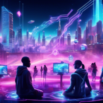 Create an image depicting a futuristic cityscape where blockchain technology powers immersive gaming experiences. The scene features a diverse group of gamers visually connected to a vast virtual world, with holographic displays of iconic game elements. In the sky, digital tokens and blockchain symbols are intertwined with neon lights, representing the fusion of gaming and blockchain technology. The environment should be vibrant, dynamic, and full of innovation, illustrating how blockchain gaming is revolutionizing virtual landscapes.