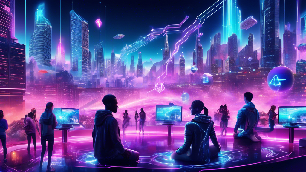 Create an image depicting a futuristic cityscape where blockchain technology powers immersive gaming experiences. The scene features a diverse group of gamers visually connected to a vast virtual world, with holographic displays of iconic game elements. In the sky, digital tokens and blockchain symbols are intertwined with neon lights, representing the fusion of gaming and blockchain technology. The environment should be vibrant, dynamic, and full of innovation, illustrating how blockchain gaming is revolutionizing virtual landscapes.