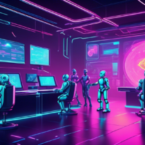 Create an imaginative scene depicting futuristic AI robots analyzing cryptocurrency data on holographic screens, set in a high-tech trading room. The room should feature digital charts, graphs, and crypto symbols, with robots collaboratively making decisions. Include diverse robots with various designs, showcasing the integration of advanced technology and financial analytics.