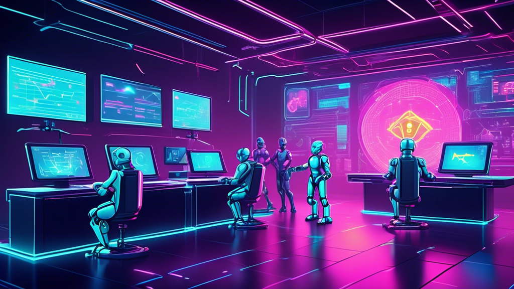 Create an imaginative scene depicting futuristic AI robots analyzing cryptocurrency data on holographic screens, set in a high-tech trading room. The room should feature digital charts, graphs, and crypto symbols, with robots collaboratively making decisions. Include diverse robots with various designs, showcasing the integration of advanced technology and financial analytics.