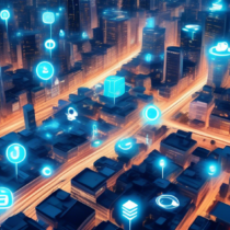 Create a futuristic scene where Internet of Things (IoT) devices and cryptocurrency symbols are seamlessly integrated into a bustling cityscape. Include smart appliances communicating through digital networks, with glowing cryptocurrency symbols floating around them, symbolizing data exchange and transactions. The city is vibrant, with advanced technology, and people interacting with holographic interfaces. Include elements like smart cars, digital billboards showing blockchain patterns, and drones delivering packages, all interconnected through a web of glowing circuits visible in the sky.