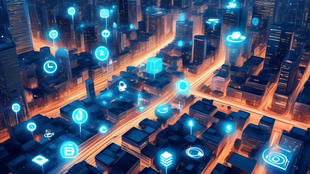 Create a futuristic scene where Internet of Things (IoT) devices and cryptocurrency symbols are seamlessly integrated into a bustling cityscape. Include smart appliances communicating through digital networks, with glowing cryptocurrency symbols floating around them, symbolizing data exchange and transactions. The city is vibrant, with advanced technology, and people interacting with holographic interfaces. Include elements like smart cars, digital billboards showing blockchain patterns, and drones delivering packages, all interconnected through a web of glowing circuits visible in the sky.