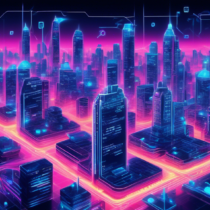 Create an image depicting a futuristic cityscape where advanced Vulcan blockchain technology is seamlessly integrated into everyday life. Visualize transparent digital networks interconnecting buildings and people, with holographic interfaces displaying blockchain transactions. Highlight the themes of innovation, security, and efficiency, showcasing a world transformed by Vulcan blockchain's potential.