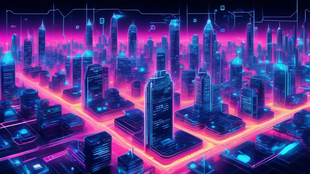 Create an image depicting a futuristic cityscape where advanced Vulcan blockchain technology is seamlessly integrated into everyday life. Visualize transparent digital networks interconnecting buildings and people, with holographic interfaces displaying blockchain transactions. Highlight the themes of innovation, security, and efficiency, showcasing a world transformed by Vulcan blockchain's potential.