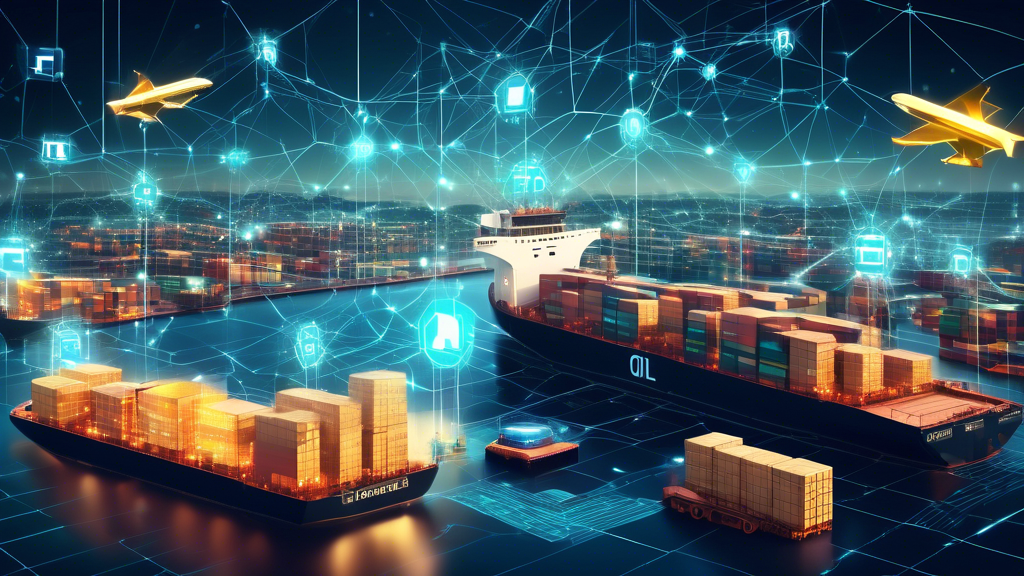 Create an image depicting a futuristic landscape where blockchain technology is seamlessly integrated into global trade and supply chains. Visualize a digital network of interconnected ships, planes, and trains transporting commodities, all linked by glowing blockchain nodes. Include symbolic representations of various commodities like oil barrels, gold bars, and crates of agricultural products, each tagged with digital codes. The background should feature a bustling cityscape with skyscrapers showcasing holographic blockchain patterns. The overall atmosphere should communicate efficiency, innovation, and a thriving global economy.