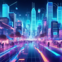 Create an imaginative and futuristic scene depicting the integration of 3D technology and blockchain. Visualize a vibrant cityscape where holographic 3D models represent data blocks floating and interconnecting above bustling digital streets. Incorporate elements like people interacting with these 3D holograms using smart devices, hinting at secure transactions and information transfer. Use a color palette that reflects innovation, with neon blues and greens illuminating the technological environment. Show a balance of virtual and real-world elements, illustrating the seamless blend of technology and everyday life.