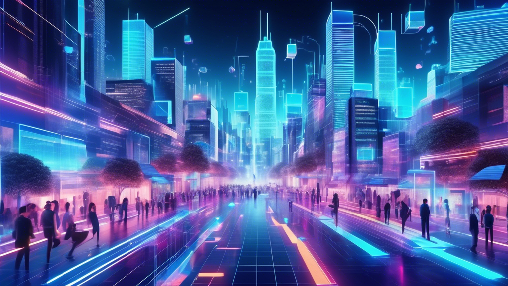 Create an imaginative and futuristic scene depicting the integration of 3D technology and blockchain. Visualize a vibrant cityscape where holographic 3D models represent data blocks floating and interconnecting above bustling digital streets. Incorporate elements like people interacting with these 3D holograms using smart devices, hinting at secure transactions and information transfer. Use a color palette that reflects innovation, with neon blues and greens illuminating the technological environment. Show a balance of virtual and real-world elements, illustrating the seamless blend of technology and everyday life.