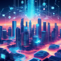 Create an image depicting a futuristic cityscape where blockchain technology is visibly integrated into daily life. Include elements like digital currency symbols floating above buildings, smart contracts represented as glowing holographic screens in business meetings, and autonomous vehicles powered by blockchain networks. Show diverse industries such as healthcare, finance, and logistics utilizing blockchain innovations through vibrant, interconnected digital threads weaving through the scene. Add a sense of dynamic energy and innovation, highlighting the transformative impact of blockchain across various sectors.