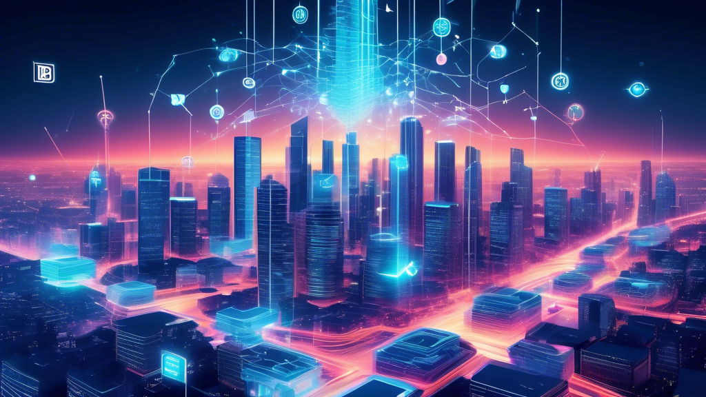 Create an image depicting a futuristic cityscape where blockchain technology is visibly integrated into daily life. Include elements like digital currency symbols floating above buildings, smart contracts represented as glowing holographic screens in business meetings, and autonomous vehicles powered by blockchain networks. Show diverse industries such as healthcare, finance, and logistics utilizing blockchain innovations through vibrant, interconnected digital threads weaving through the scene. Add a sense of dynamic energy and innovation, highlighting the transformative impact of blockchain across various sectors.