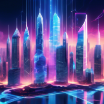 Create an imaginative and futuristic digital artwork depicting the top third-generation blockchains of 2023 as towering skyscrapers, each with distinct architectural designs representing their unique technological features. Include elements like holographic data streams connecting the buildings, people interacting with virtual displays, and a glowing, vibrant city skyline in the background demonstrating the dynamic nature of blockchain technology.