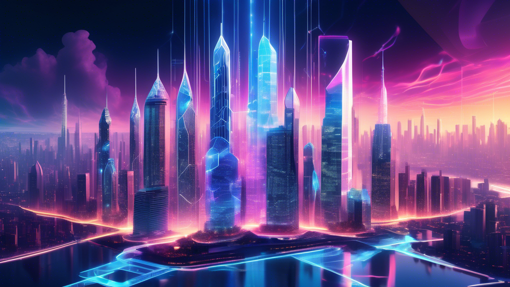 Create an imaginative and futuristic digital artwork depicting the top third-generation blockchains of 2023 as towering skyscrapers, each with distinct architectural designs representing their unique technological features. Include elements like holographic data streams connecting the buildings, people interacting with virtual displays, and a glowing, vibrant city skyline in the background demonstrating the dynamic nature of blockchain technology.