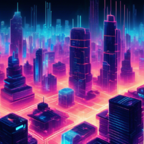 Create an image of a futuristic city bustling with advanced technology, where 5th generation blockchain networks are visually represented as glowing, interconnected circuits running through transparent skyscrapers. The scene should blend elements of digital data streams flowing seamlessly with everyday life, showcasing innovation and connectivity in a vibrant, dynamic environment.