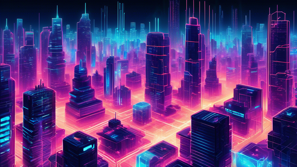 Create an image of a futuristic city bustling with advanced technology, where 5th generation blockchain networks are visually represented as glowing, interconnected circuits running through transparent skyscrapers. The scene should blend elements of digital data streams flowing seamlessly with everyday life, showcasing innovation and connectivity in a vibrant, dynamic environment.