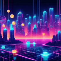 Create an image depicting a futuristic digital landscape where artificial intelligence and cryptocurrency intersect. Include a network of holographic AI symbols interacting with floating digital coins and blockchain chains. The background should feature a cityscape with futuristic buildings, illuminated by neon lights, symbolizing the advancement and integration of AI technologies in the financial world.